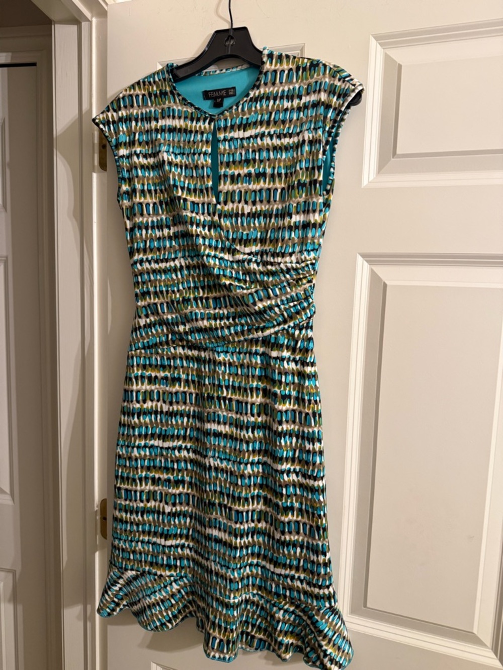 Femme Blue Teal Patterned Cap-Sleeve Dress, Size small